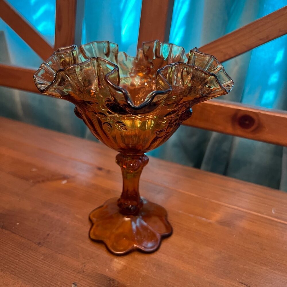 Fenton Glass Cherry Blossom Honey Amber Ruffled Pedestal Candy Dish Compote